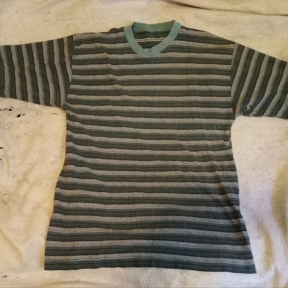 Men's Gray and White Striped Polo-Like Short sleeve Shirt No Tags